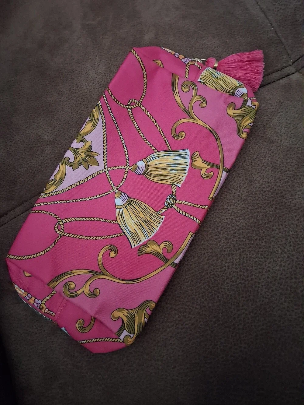 Estee Lauder Pink And Gold Tassel-Accent Printed Cosmetic Pouch